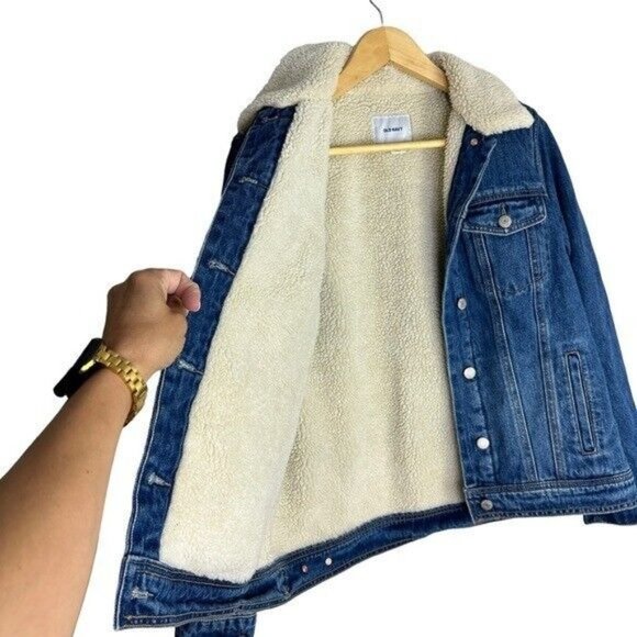 Old Navy Gender-Neutral Oversized Boyfriend Sherpa Jean Trucker Jacket Sz Large - Picture 6 of 10